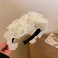 Elegant Korean style white mesh flower headband decorated with delicate pearls for women - White