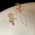 Sweet asymmetric pink bear pearl bow drop earrings with iridescent heart crystal - Flocking Bear Pendant Style / Silver Pin Pink White Bowknot