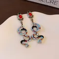 Elegant vintage snake drop earrings featuring red gemstones and blue enamel court style - Colorful Enamel Snake Style (70#)