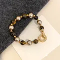 Bracelet élégant en perles et œil de tigre avec fermoir pavé doré étincelant - Tiger Eye Stone Pearl OT-Bar Style (2#) / Brun doré