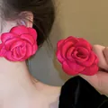 Elegant handmade magenta fabric rose flower stud earrings with detailed petal design - Rose Red Flower (78#)