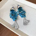 Elegant silver koi fish drop earrings featuring shimmering blue iridescent shell scales - Koi Fish Style (HE27900) / Blue