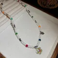 Elegante Perlenkette im französischen Stil mit bunten Perlen und Blumen-Smiley-Anhänger - Bunte Lächeln Gesicht Blume Perlenkette