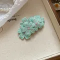 Elegante fermaglio per capelli a fiore ricamato verde menta per uno stile estivo - Clip a Scatto Ricamata (42) / Verde