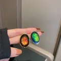 Vintage oval stud earrings with colorful shifting fire opal effect in gold frame - Geometric Oval (25#)