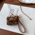 Mini leopard print bag necklace pendant with golden clasp and leather lanyard detail - Light Coffee