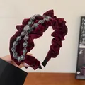 Cerchietto elegante in velluto rosso vino con strass e motivo strutturato vintage - Stile Motivo Double G Pieghettato (58#)