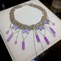 Elegant silver chunky chain necklace with purple butterfly charms and crystal drops - Silver-Purple
