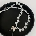 Silver butterfly pendant necklace with irregular baroque white pearls and delicate tassels - White-Baroque