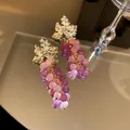 Elegant purple grape-shaped cluster drop earrings with golden leaf design details - Geometric Earring Style (24#)