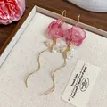 Elegant French style chiffon flower bud earrings with lily of the valley tassels and pearls - Gold-Pink