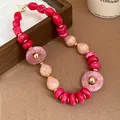 Detailed close-up of a retro marbled resin necklace with pink beads and gold accents - Double Layer Pink Tie-Dye Beaded Chain (23#) / Pink