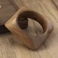 Vintage square wood grain bangle with circular inner opening in dark brown - Square-Outer Round-Inner Geometric Style / Brown