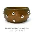 Retro wood grain bangle bracelet with silver-toned metal studs in vintage ethnic style - Dark Brown Cone Stud Style / Inner Diameter 7cm Width 4cm / Dark Coffee