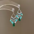 Elegant vintage forest style silver needle earrings with green resin beads and pearl details - 48# Silver - Green