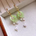 Elegant forest-style green resin flower earrings with pearl drops and gold hooks - 51# Green