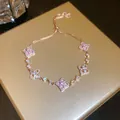 Rose gold adjustable bracelet with pink shell and sparkling zircon rhombus charms - 12# Bracelet - Rose Gold - Pink