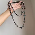 Bohemian long necklace with iridescent dark shells and faceted crystal beads - Style 61 Necklace / Blue and Gray