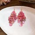 Detailed view of pink iridescent shell disc tassel earrings presented on a white plate - Hook Style / Pink