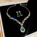 Vintage emerald green teardrop crystal necklace and earrings jewelry set for women - 65# Necklace-Silver-Green-Stud Earrings