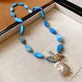Bohemian blue shell beaded necklace with a large baroque pearl pendant for women - 34# Necklace - Blue Freshwater Pearl