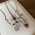 Bohemian beaded clavicle necklace with shell and red heart pendant detail - Style 46 Layered Necklace Two Piece Set / Silver