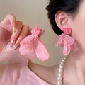 Vista dettagliata di orecchini a cuore in organza rosa indossati da una modella - Stile 25(25#)