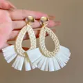 Bohemian handmade raffia teardrop earrings with elegant white fringe tassels for beach holidays - 48# Teardrop Raffia Woven Style (Steel Earring Post)