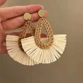 Boho raffia woven teardrop earrings with cream fan tassels for beach vacation styles. - 50# Teardrop Fan-Shaped Tassel Style (925 Sterling Silver Earring Post)