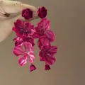 Fuchsia cascading floral drop earrings with red rose studs for a summer beach look - Red Eco-friendly Floral Style (51#)