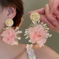 Pink fabric flower pendant earrings with gold hammered studs for women holiday style - 53# Pink Gold Hammered Flower Style
