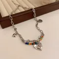 Elegant silver chain necklace featuring vibrant colorful beads and a textured heart charm - Colorful Heart Star Round Plate Necklace (22) / Colorful