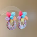 Colorful raffia woven earrings with fabric flower petals in vibrant summer holiday style - Multi-color Fabric Petal Style (60#)