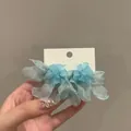 Light blue organza fabric flower stud earrings with S925 silver needle for women - Blue Organza Flower Style (62#)