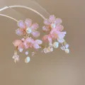 Sweet pink flower cluster earrings with silver needles and elegant pearl details - 51# Pink Cluster Pearl Seed Bead Earrings (HE25000)