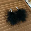 Elegant black feather tassel earrings with shimmering silver zircon stones for winter - Silver Earring Post Style / Black