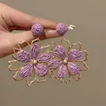 Elegant lavender raffia flower drop earrings with gold-tone frames for beach vacations - 84# Large Flower Pendant Style (925 Sterling Silver Earring Post)