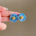 Handmade blue raffia flower stud earrings with yellow center for seaside holiday style - Blue Raffia Woven Flower Style (91# Silver Earring Post)