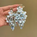 Sweet light blue fabric flower drop earrings with dangling water-drop beads - Light Blue Exaggerated Fabric Flower Style (100# Silver Earring Post)