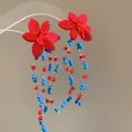 Red raffia flower drop earrings with blue beaded tassels for summer beach vacation - Red and Blue Tassel Style (101#)