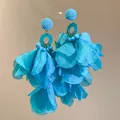 Elegant bright blue fabric flower petal tassel earrings perfect for beach vacation style - Blue Tufted Tulle Petal Drop Style (103# Silver Earring Post)