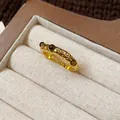 Close-up detail of vintage gold plated ring with tiger eye stones and hammered texture - 4# Ring-Gold (Real Gold Plated)-Hammered Texture