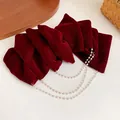 Eleganter weinroter Samt-Bogen-Haarclip mit mehrlagigen Perlenketten - Mehrlagiger Perlenquasten-Stil (16#)