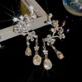 Exquisite silver-toned sparkly zircon tassel earrings with floral and water drop pendants - 42# Silver Pin - Silver
