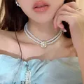 Elegante collana di perle a doppio filo con ciondolo centrale in strass lucido - Stile a Doppio Strato con Diamanti di Corte Francese (35#) / Bianco