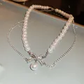 Elegante collana di perle a strati in stile francese con ciondolo a fiocco in strass. - 21# Collana a Doppio Strato Con Fiocco in Strass Argento