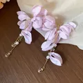 Elegant lavender fabric flower drop earrings with white pearls and sparkling crystals - Pink