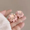 Elegant pink rose flower stud earrings with translucent center stone for women - Pink (8# Silver Post)