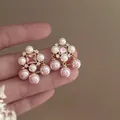 Elegant pink and white pearl flower earrings with a square pink crystal central gem. - Pink (9# Silver Post)