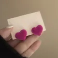 Elegant fuchsia velvet heart-shaped stud earrings with a sweet and gentle style - Rose Red (3# Silver Post)